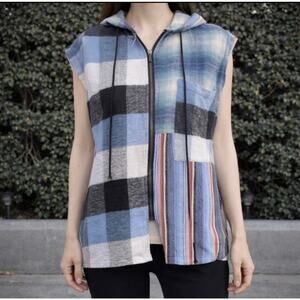 Vintage Protest Colorful Patchwork Sleeveless Zip Up Flannel Vest Size S Blue 90
